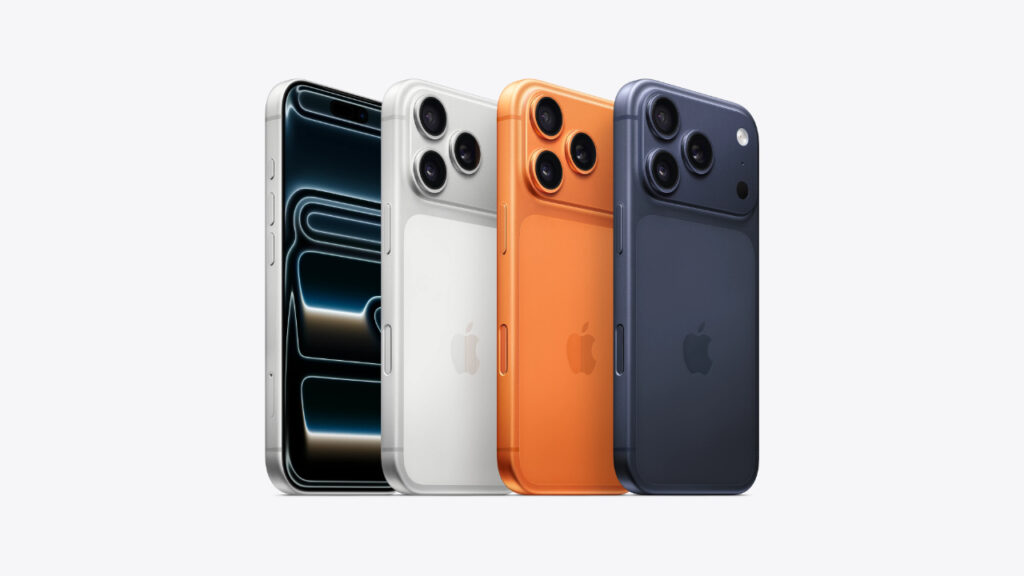 iPhone 17 Pro nas cores prateado, laranja-cósmico e azul-intenso