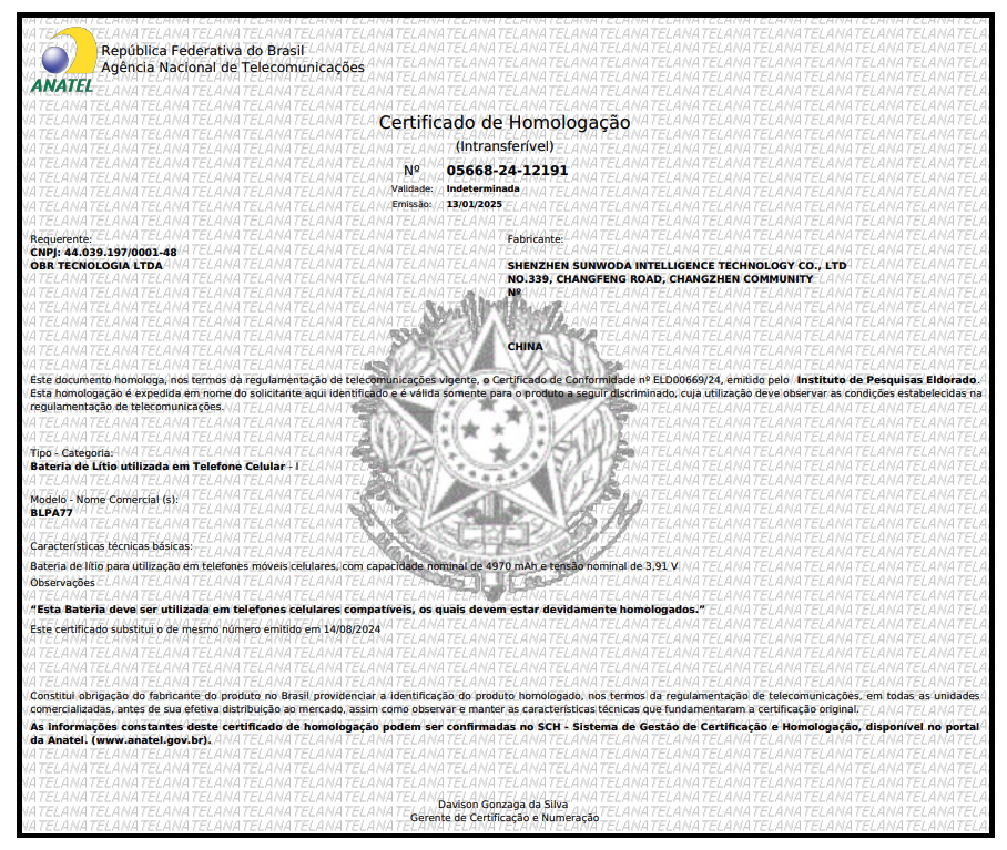 Certificado de homologação da bateria BLPA77, com capacidade nominal de 4.970 mAh