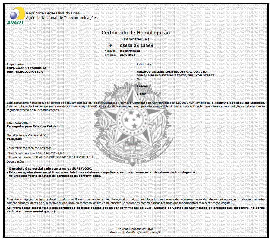 Certificado de homologação do carregador VCB4JABH, da Oppo