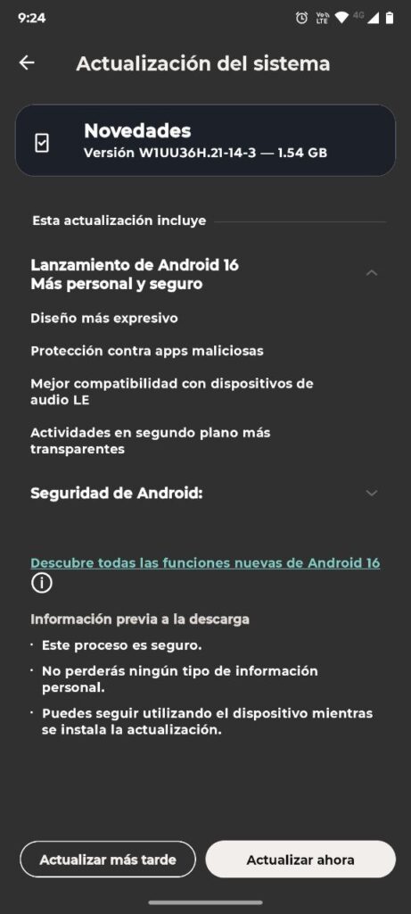 Captura de tela do Android 16 para o Edge 50 Fusion, conforme descrito na matéria