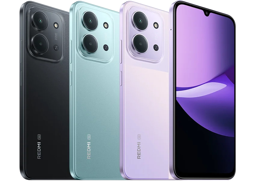 Redmi 15C 5G nas cores preto, verde e lilás