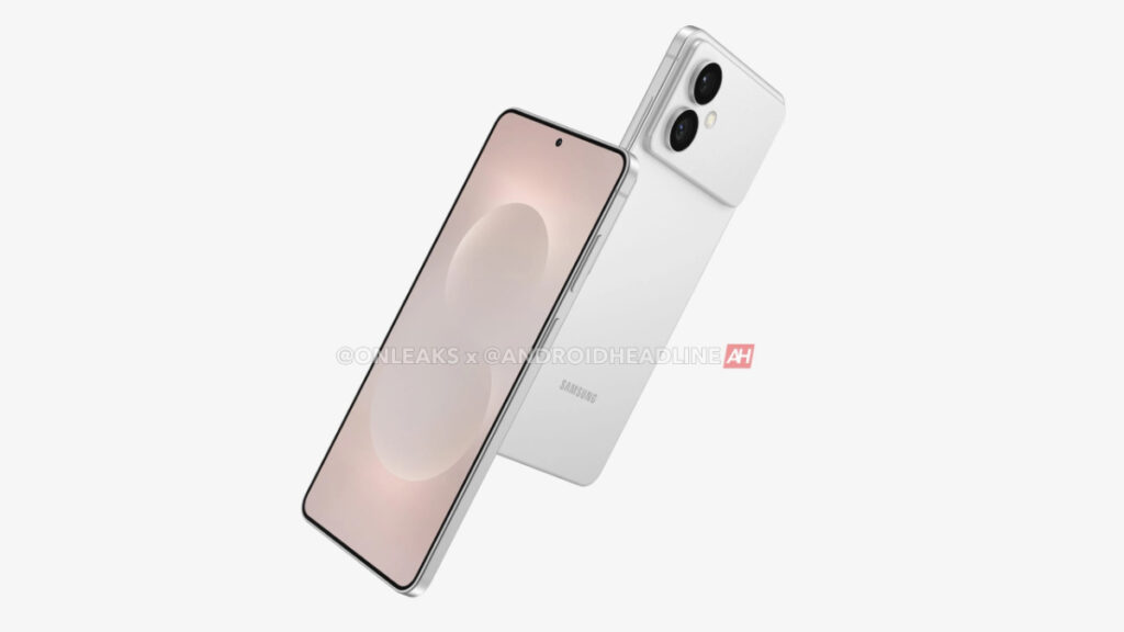 Render de um celular na diagonal mostrando a tela e a parte traseira