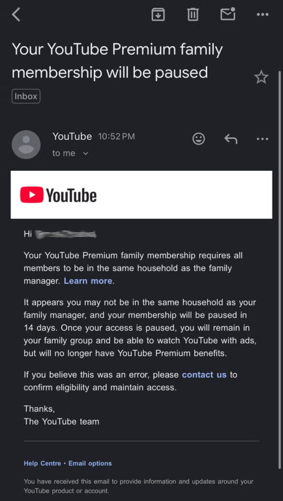 Email do YouTube Premium avisando que a assinatura será suspensa porque a pessoa não mora na mesma casa do titular da família
