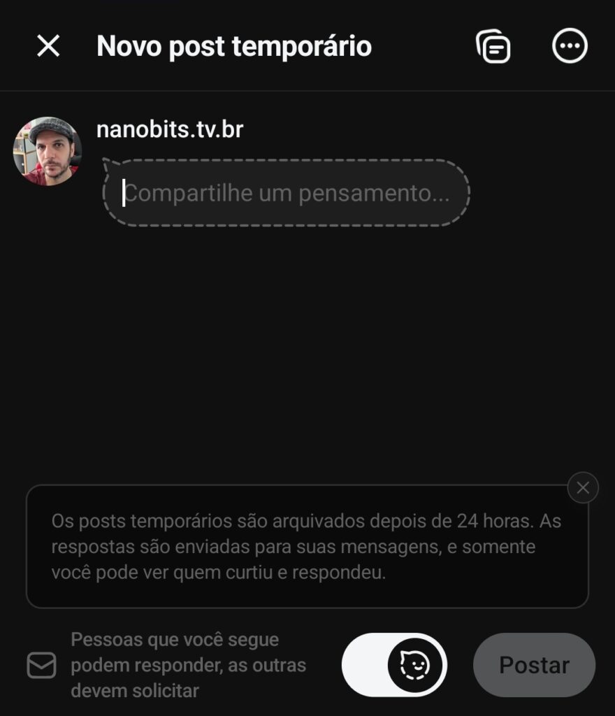 Tela para fazer nova publicação temporária no Threads