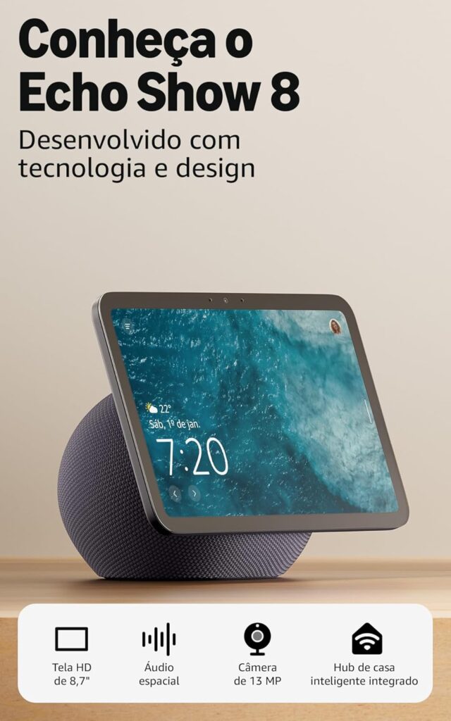 Echo Show 8 Desenvolvido com tecnologia e design Tela HD de 8,7 polegadas Áudio espacial Câmera de 13 MP Hub de casa inteligente integrado
