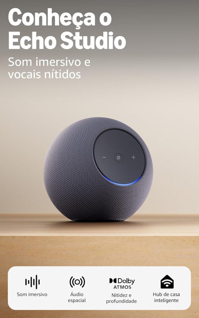 Echo Dot Studio Som imersivo e vocais nítidos Som imersino Áudio espacial Nitidez e profundidade Hub de casa inteligente