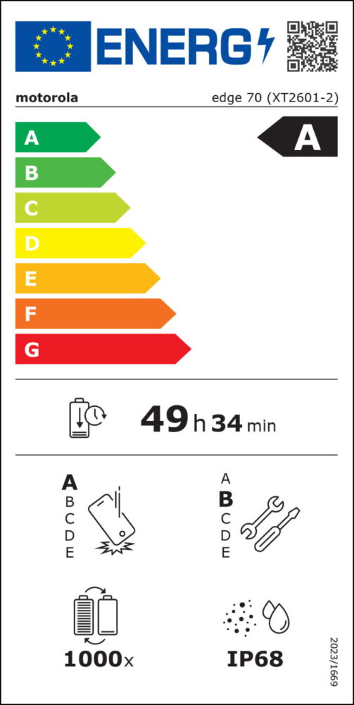 Etiqueta de eficiência energética da União Europeia para o Motorola Edge 70