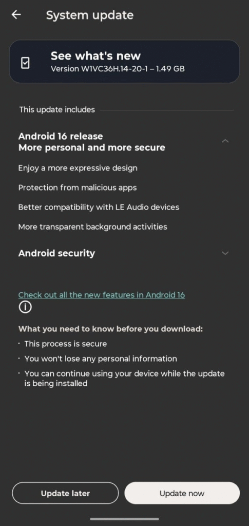 Notificação de atualização do Android 16 para o Edge 60 Fusion, conforme descrito na matéria