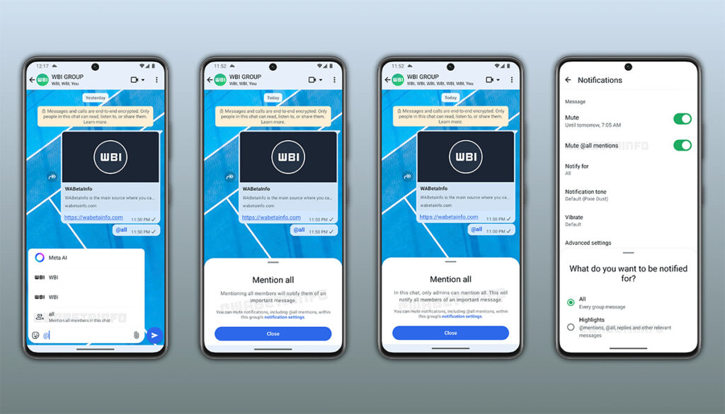 Capturas de tela mostram a marcação @todos em grupos do WhatsApp