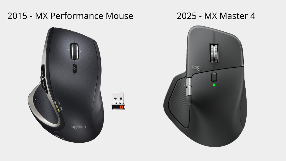 Comparação do MX Master original, de 2015, com o MX Master 4, de sétima geração