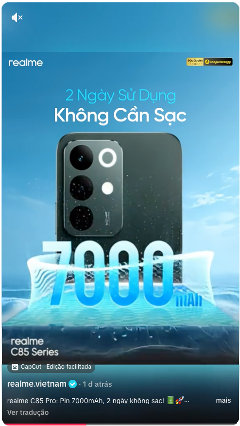 Captura de tela de um vídeo no TikTok com a bateria do Realme C85 Pro. O vídeo é descrito na matéria