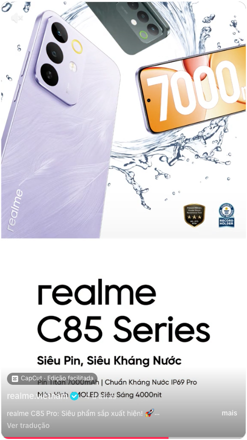 Captura de tela de um vídeo no TikTok com as cores Realme C85 Pro. O vídeo é descrito na matéria