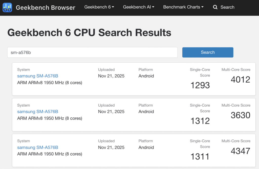 Testes do Galaxy A576B no Geekbench