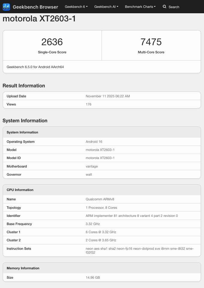 Teste do Geekbench para o celular XT2603-1, conforme descrito na matéria