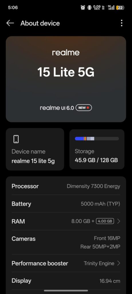 Captura de tela do Realme 15 Lite na tela Sobre o dispositivo