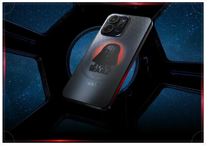 Oppo Reno 14 F do Lado Sombrio tem o rosto de Darth Vader na traseira