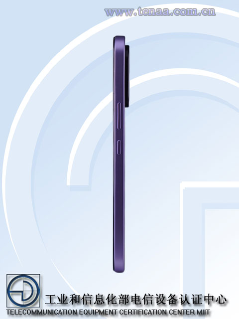 Lateral direita do Realme 16 Pro em certificação de órgão chinês