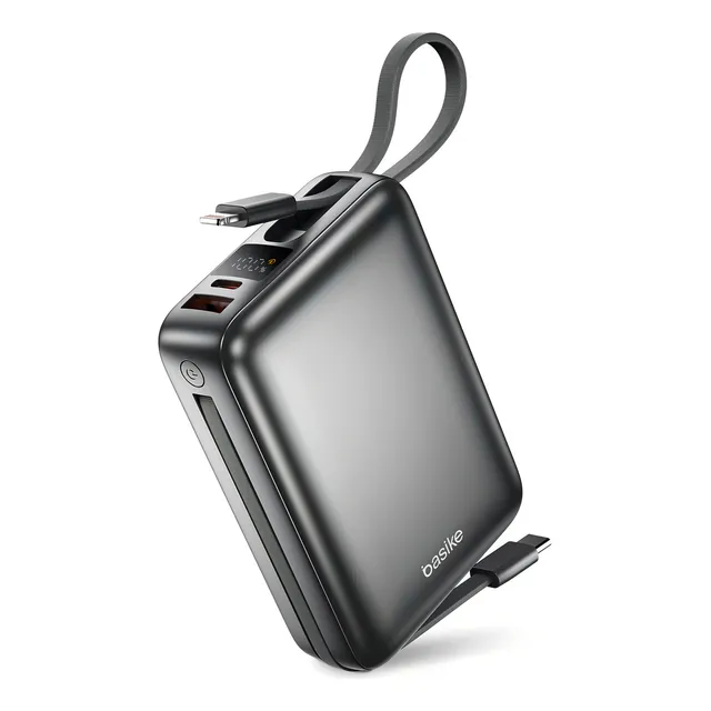 Basike Power Bank 22.5w 20000mah Com Display Carregamento Rápido Power 4-saídas Com Cabo Embutido Usb-c E Lig Htning, Rápido Pps/pd/qc Para iPhone Séries 16/15/14/13, Samsung S25/24/23/22/21 (cinza)