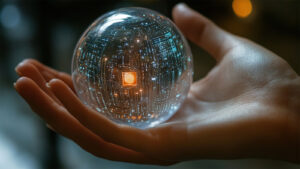 Uma bola de cristal com símbolos que remetem a tecnologia