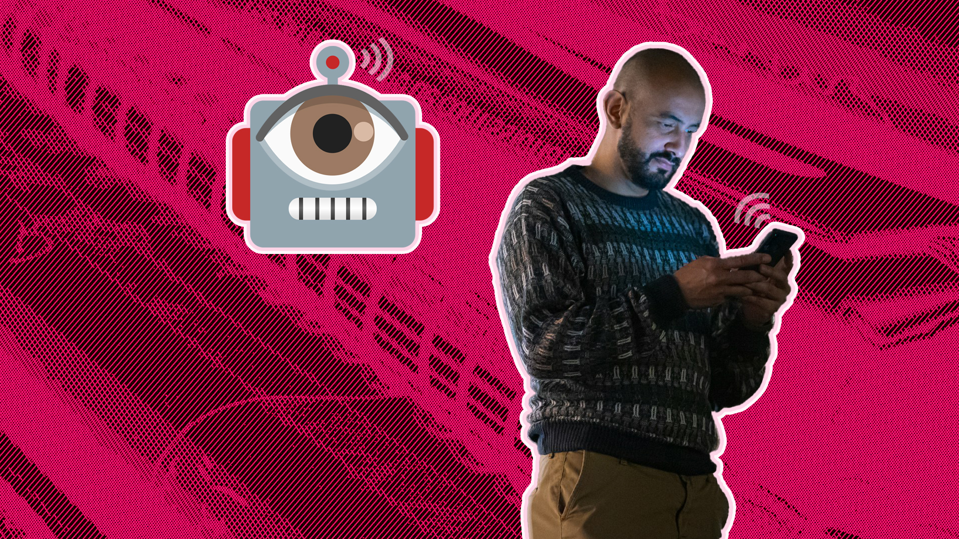 Um homem usa o celular enquanto um robô espiona por trás dele. Há um sinal de transmissão de dados do celular para o robô