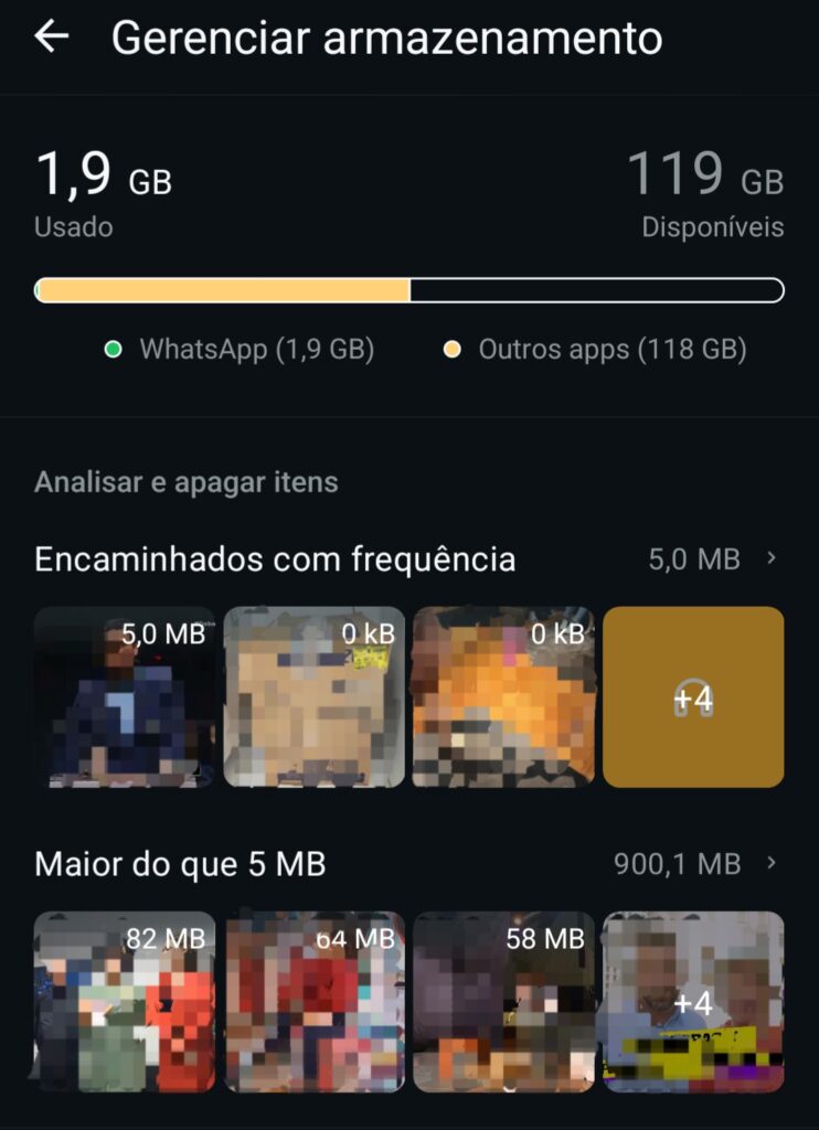 Tela de gerenciamento de espaço do WhatsApp