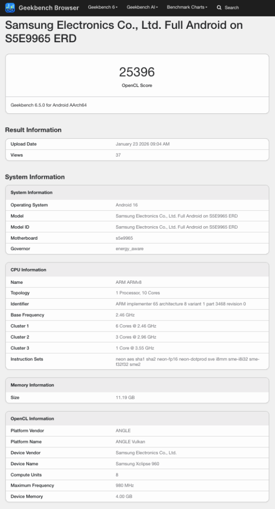 Teste GPU Geekbench Exynos 2600 GAlaxy S26 Plus