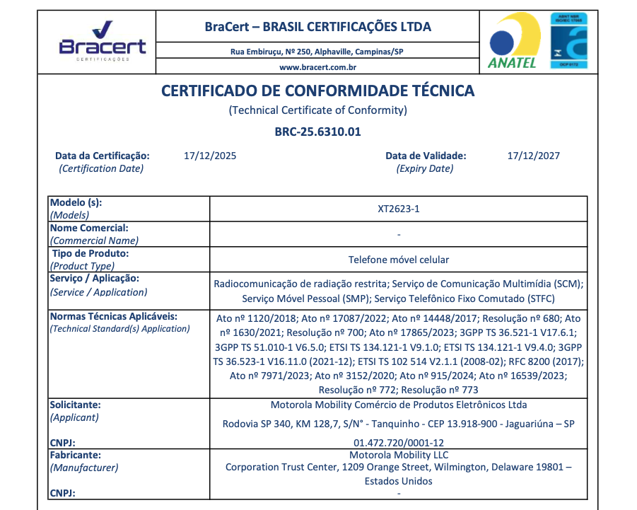 Certificação do Moto G17 (XT-2623-1) na Anatel