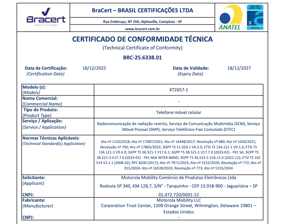 Certificação do XT-2657-1, supostamente o Razr 70, na Anatel