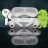 Apple AirPods em uma mesa com o ícone do LibrePod e um Android