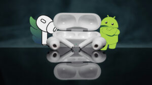 Apple AirPods em uma mesa com o ícone do LibrePod e um Android