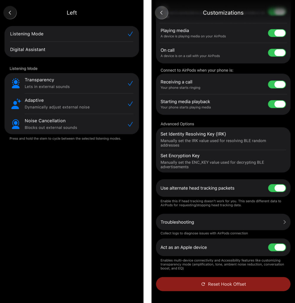 Capturas de tela do LibrePods no Android