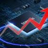 Chip de memória da Samsung com uma seta vermelha apontando para cima