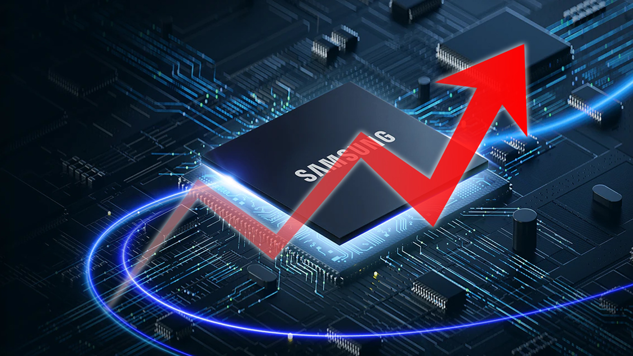 Chip de memória da Samsung com uma seta vermelha apontando para cima